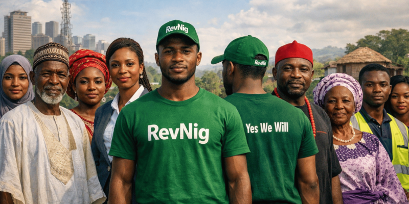 Diverse Nigerians united, with RevNig supporters in green, showing hope and determination