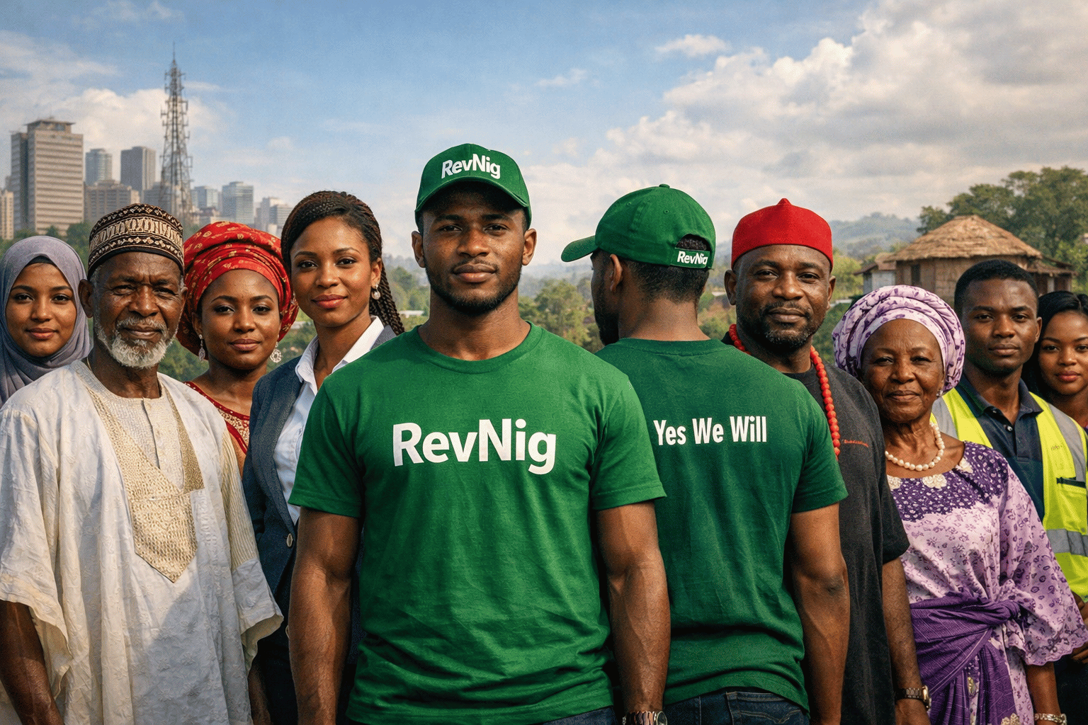 Diverse Nigerians united, with RevNig supporters in green, showing hope and determination