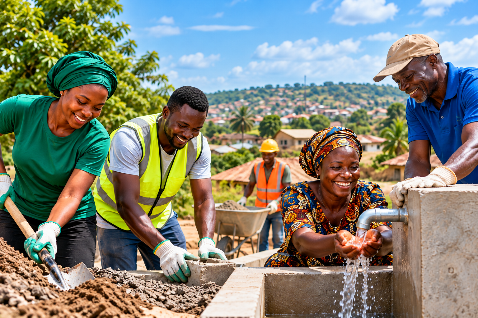 Nigerians working together on a community water project, illustrating collective action and community development. Copy